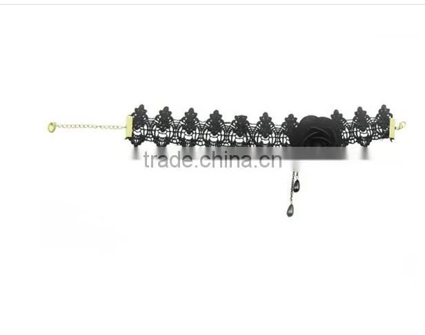 Women 2016 Gothic Handmade Chain Black Flower Lace Choker Collar Chunky Necklace
