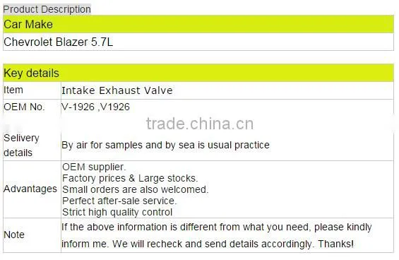 V-1926 V1926 Auto parts Engine Intake Exhaust Valve for Chevrolet Blazer 5.7L