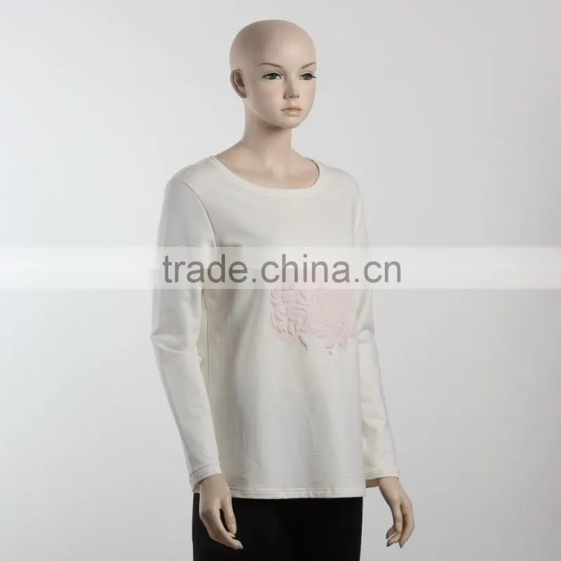 F5S10191 New Fashion White Flocking Print Women Long Sleeve T Shirts