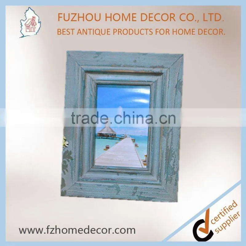 Promotional shabby chic wood printing photo frame with blue colour for home decoration