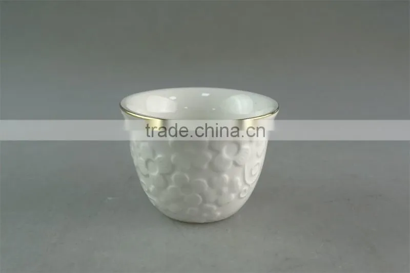 White ceramic tea cup with small flowers embossing and golden line for wholesale 12 pcs per set,with color box.good quality