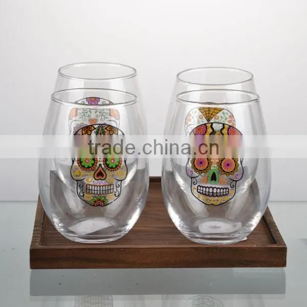2016newest hallowmas paper transfer skull glass cup set with wooden stand