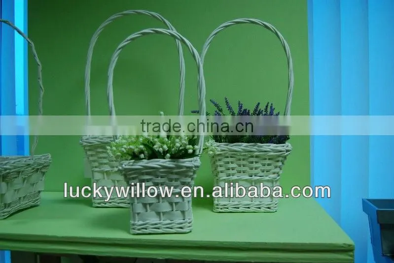 Driect supplier white wicker flower basket with high handle