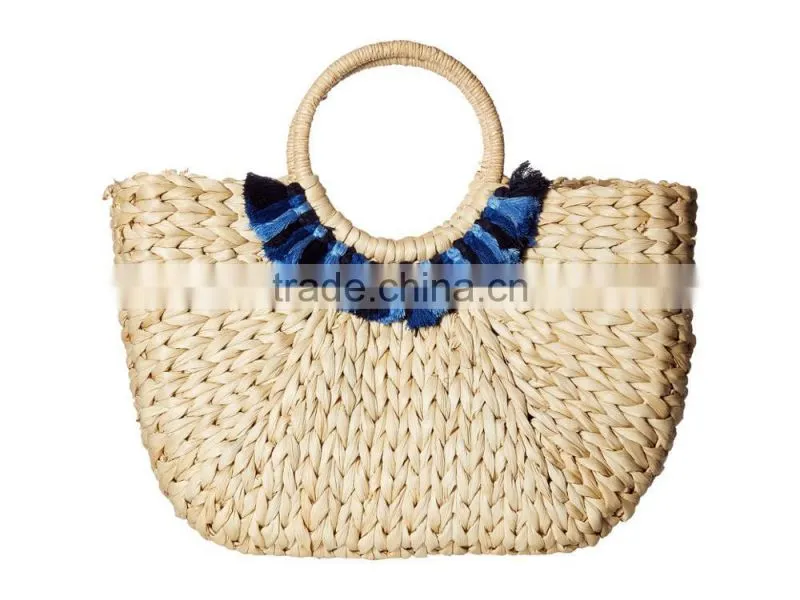 Straw pompom water hyacinth bag