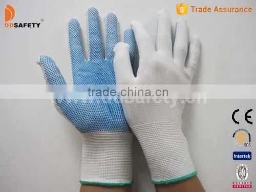 DDSAFETY 2017 13 Gauge Bleach Nylon Seamless Gloves Working Gloves With Blue Pvc Dots One Side