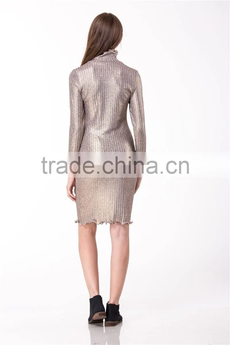 2017 New arrival Metallic Gold Knitted Sweater Long Sleeve Hight Neck Tight Fit Pullover & Skirt Co-ord Set