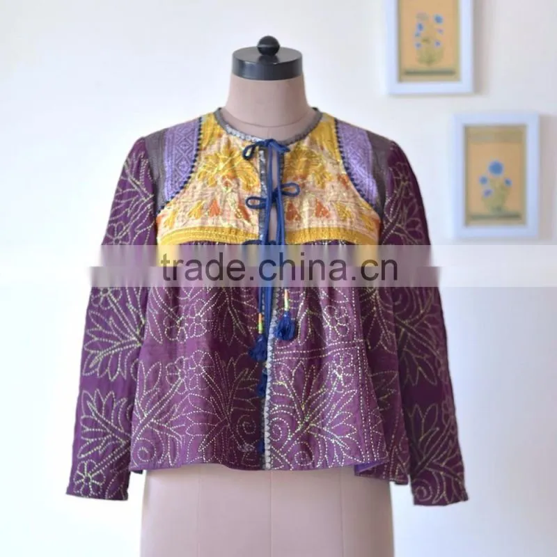 Vintage Kantha Kediyu Style Jacket in Beautiful Vintage Colors ~ Small