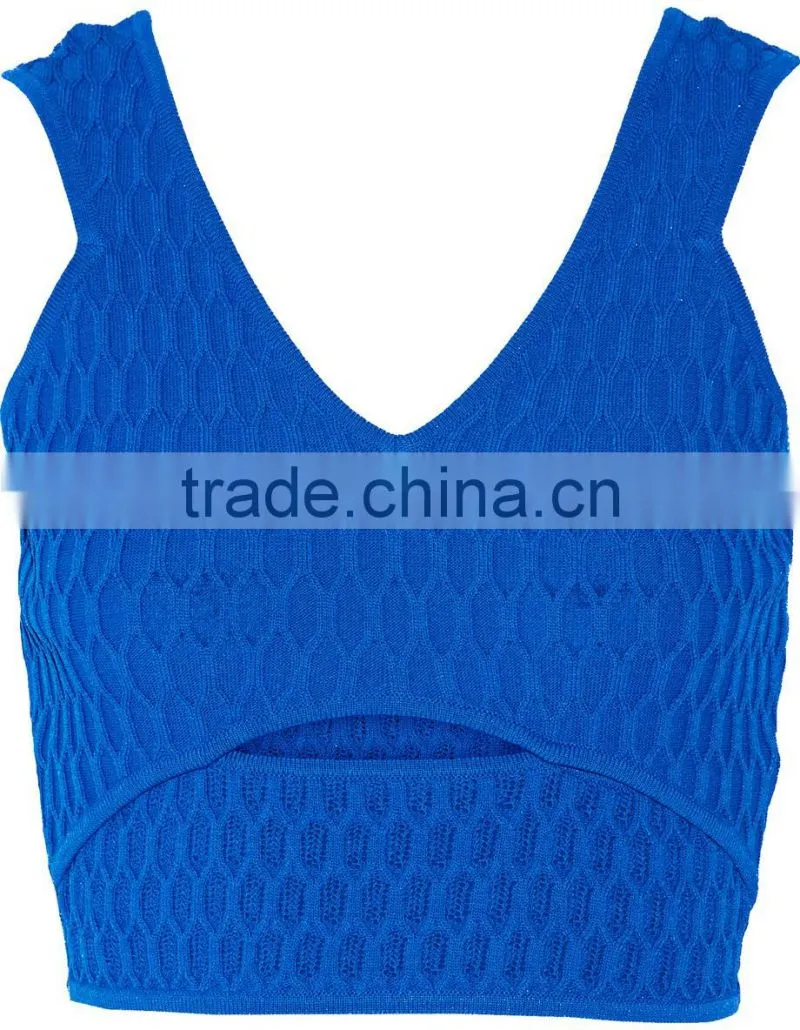 Sexy Designed Deep V-Neck Plain Blue Sweater Crop Top for Ladies
