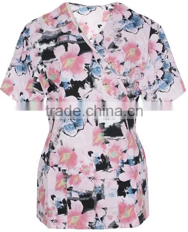 Top Selling Mock Wrap Women Medical Scrubs Wholesale Knit Panel Top
