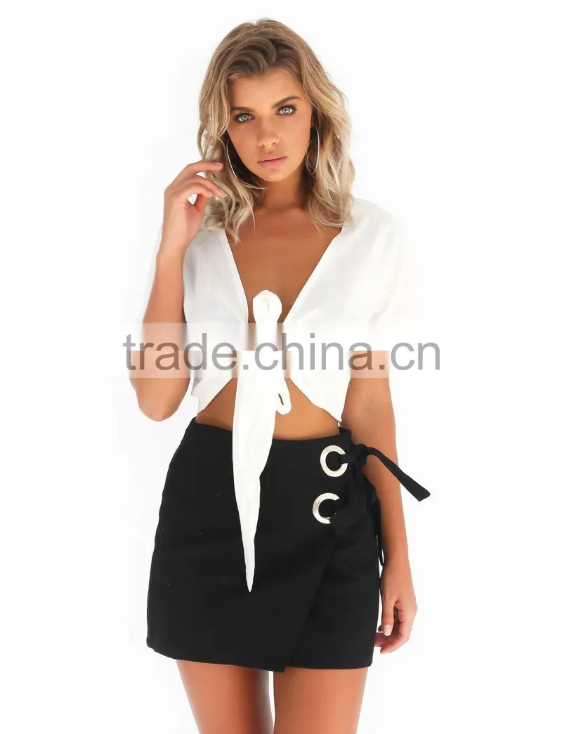 Latest Design Sexy Deep V Neck Crop Tops Short Sleeve Blouse 2017