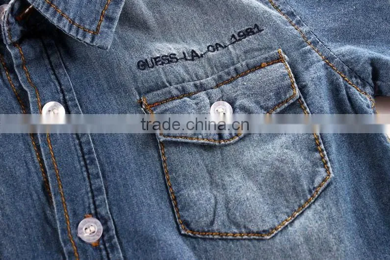 latest design washed denim fabric double pockets embroidery boys shirt