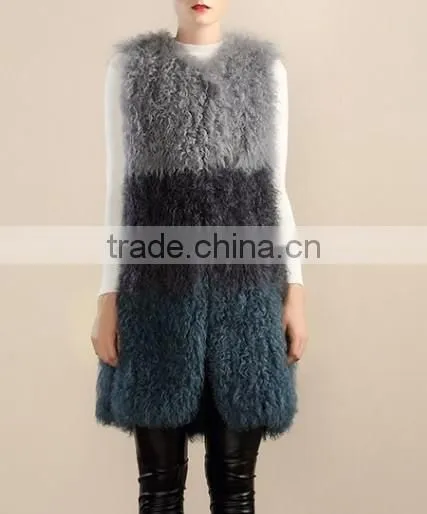 Yanran Fur Fashion YR1000 Block Color Top Quality Real Curly Lamb Hand Knit Fur Vest