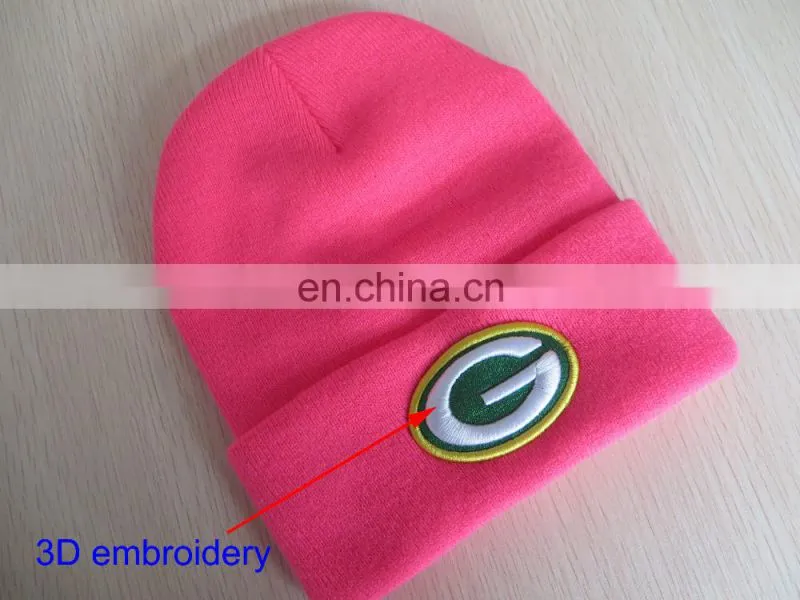 Custom pink girls beanie hats with embroidered logo for promotion