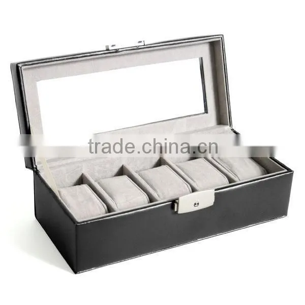 Black Genuine Leather 5-slot Watch Display Box Watch Organizer Case Travel Jewelry Case