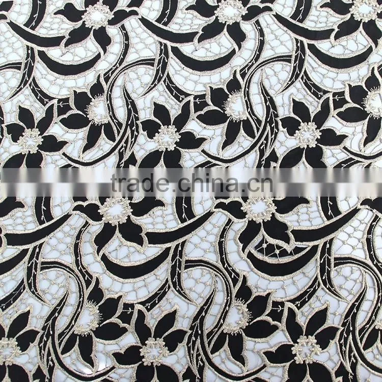 Hot-selling promotional custom chemical evening sexy dress use hot popular black gold lace fabric