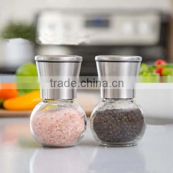 Unique design Brushed stainless steel and glass salt and pepper grinder set Large Capacity Round Glass Body
