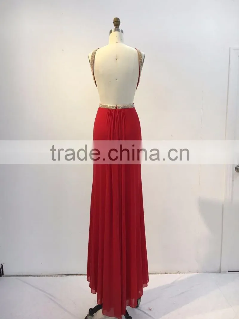 Luxury Elegant Backless Red Long Chaozhou Evening Dress