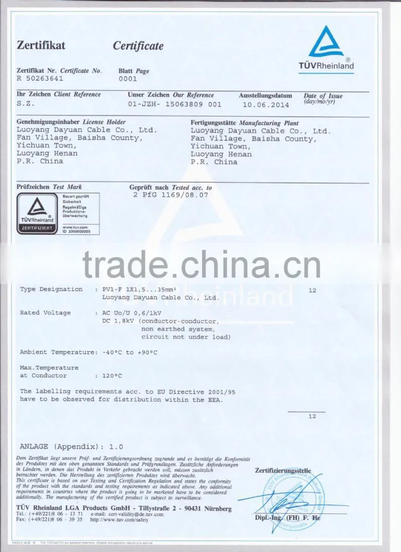 TUV Solar PV Cable Tinned Copper Cores DC Solar Cable