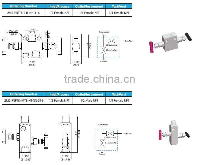 Oil instrument manifolds stainless steel 2-valve manifolds