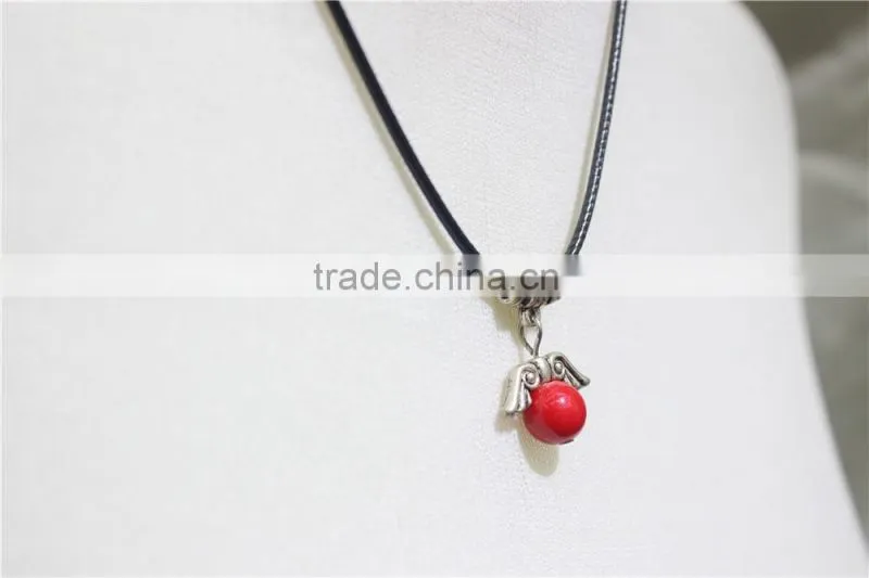 Vintage Antiqued Silver Wings Red Bead w/ Black String Pendant Necklace2016 Fashion Style Wholesale
