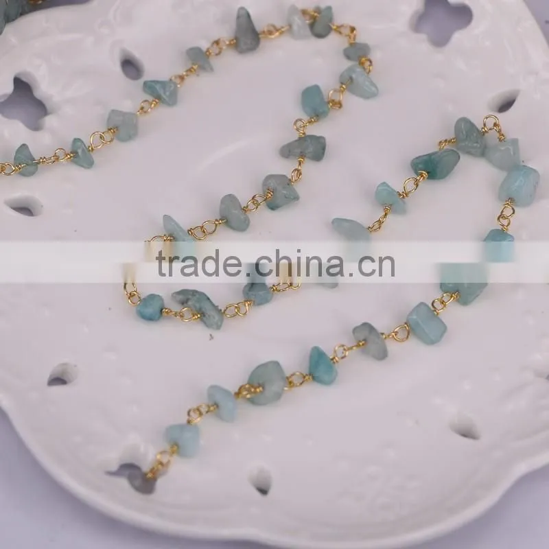 Aquamarine Chip Beads Link Rosary Chains,Brass Wire Wrapped Chain Necklace bracelet, Fine Jewelry Findings Stone Beaded Chain