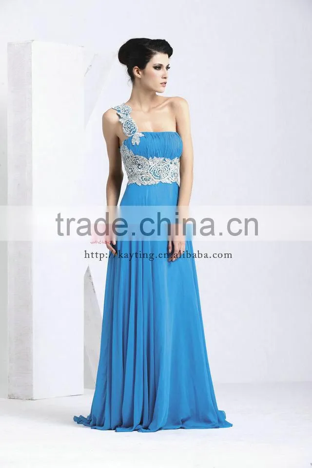 Sexy backless one-shoulder ruffle embroidered blue crystal dress