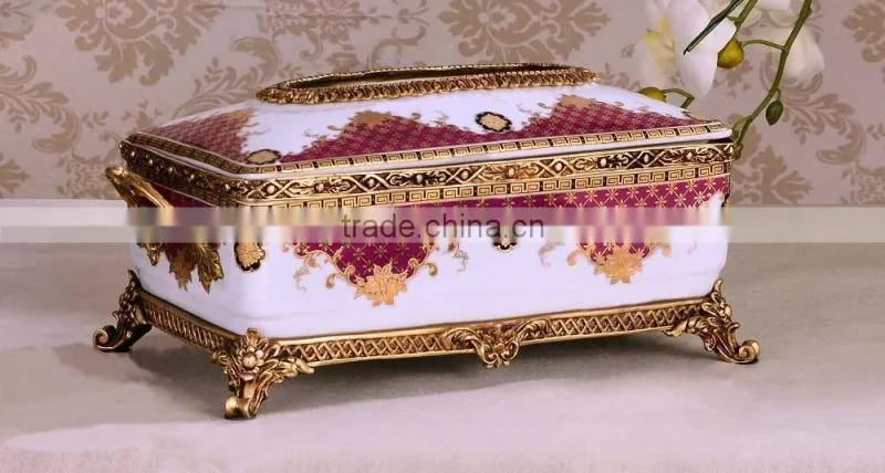 Luxury royal home appliance yellow color flower painting ceramic and brass decorative tissue box