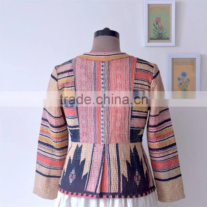 Hand Crafted Kantha Jacket in Beautiful Vintage Color Print ~ Large
