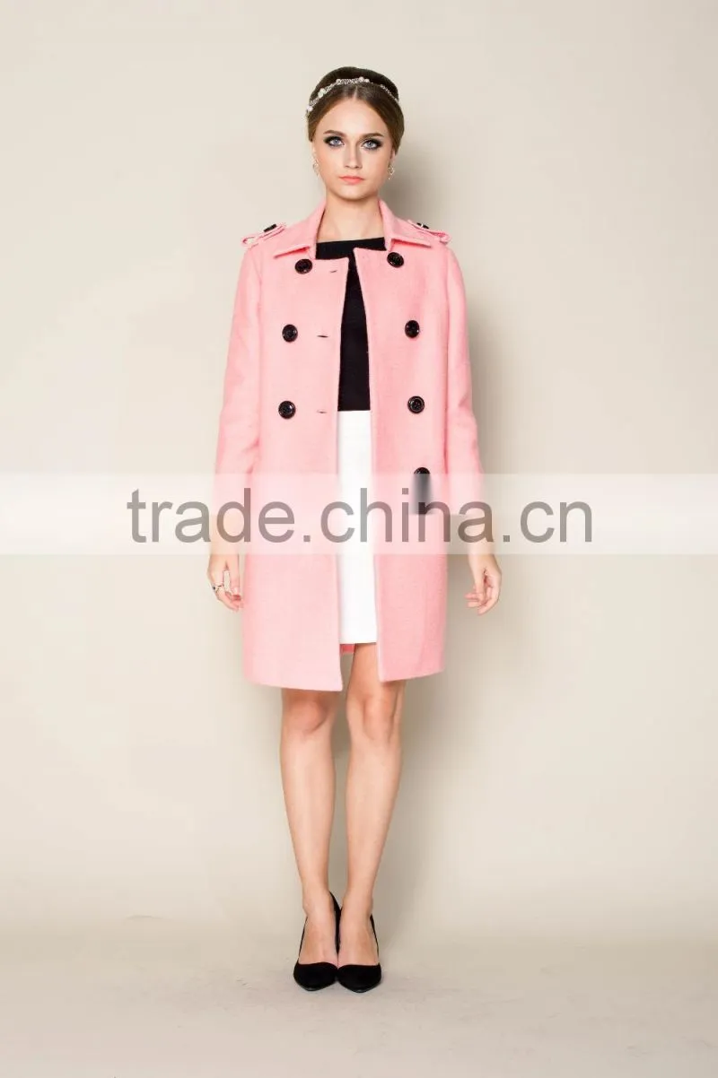 latest 2015 thick warm lovely pink women office coat with double breasted design