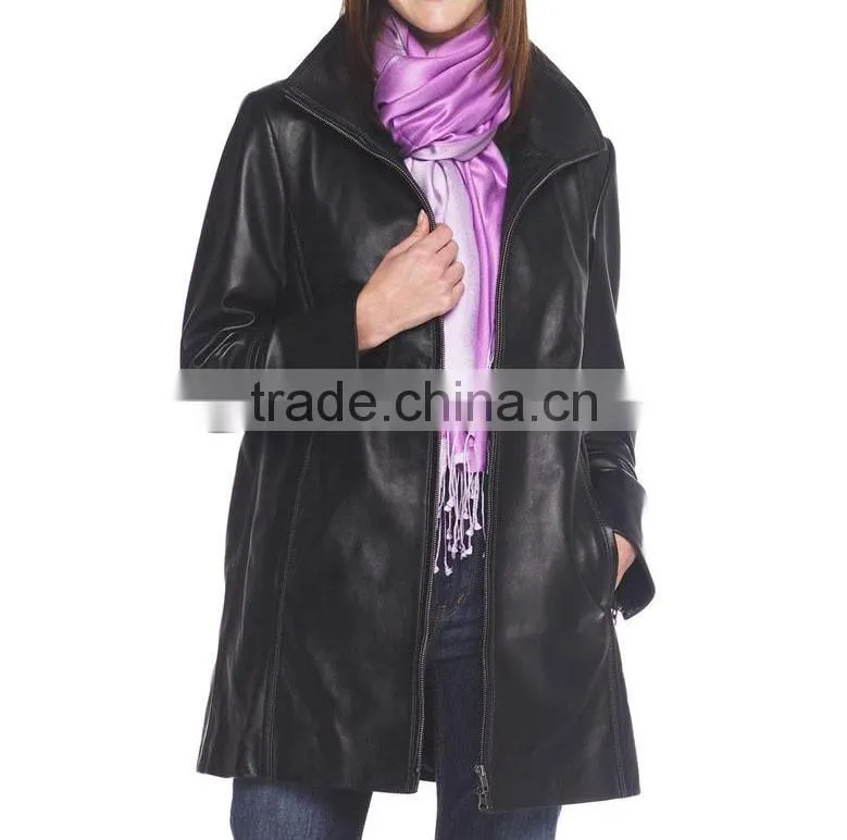 Women leather long coat with front zipper