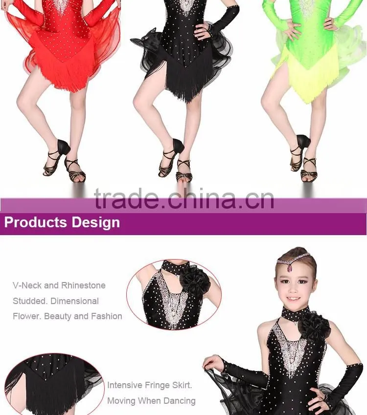 Black Red Fringe Latin Dance Costumes Girls Kids Competition Latin Dance Dress