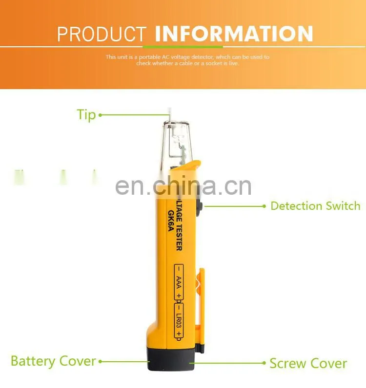 Non Contact AC Voltage Tester, Pen Voltage Detector 100~1000 Vac at 50/60Hz with Built-in flashlight and Vibrate hint