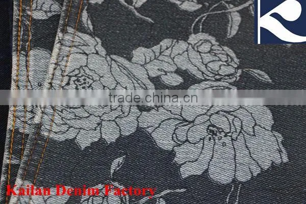 KD-628-12TY 280g Twill Indigo Black Flower Printed Knitted Denim Fabric