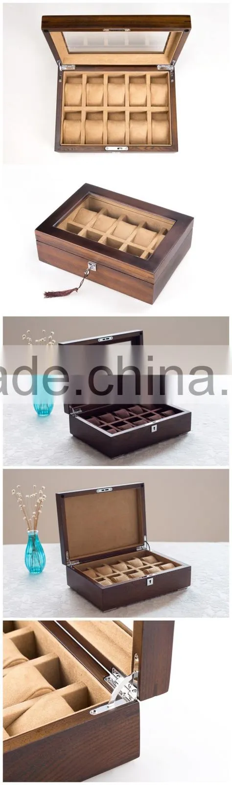 High Quality Cherry Wood 10 Slot Watch Display Box With Glass Lid