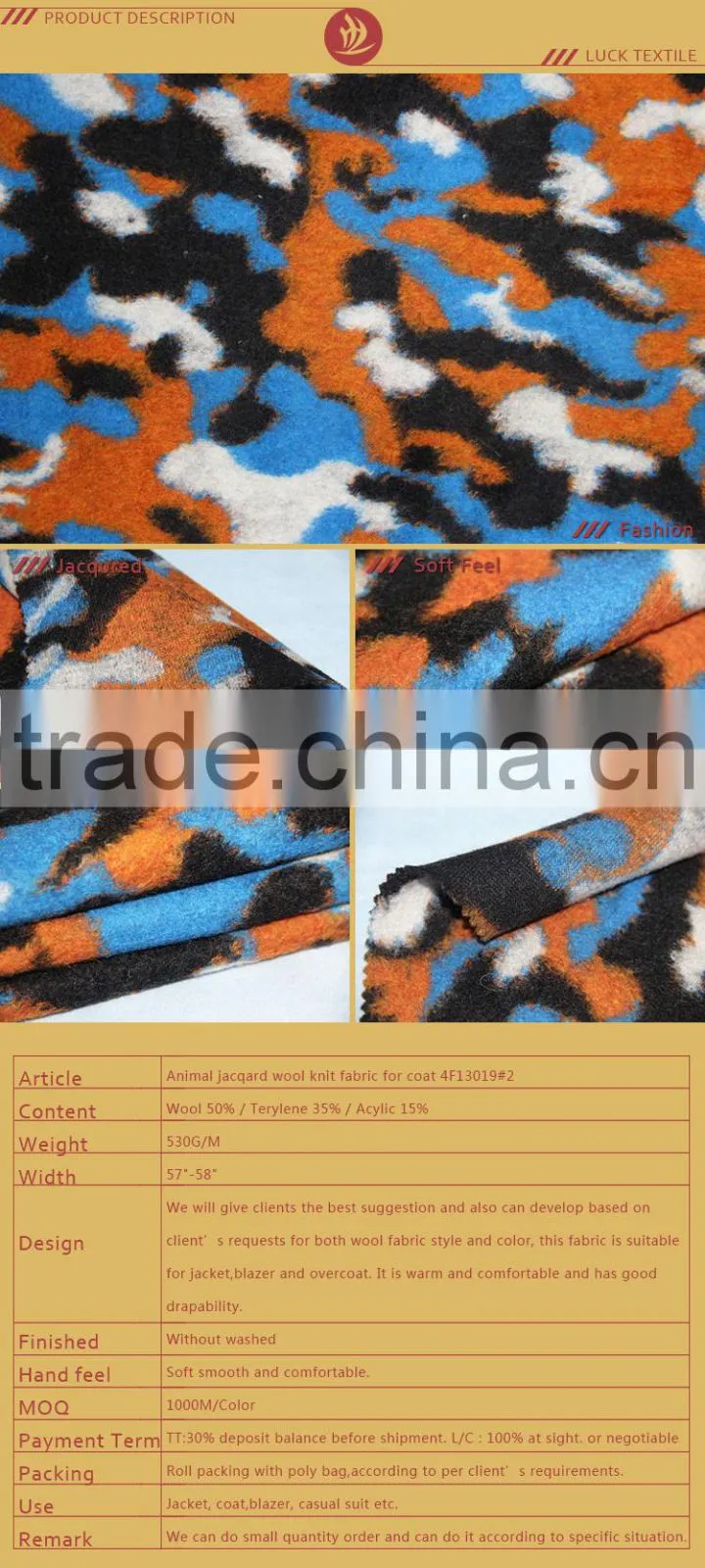Animal jacqard wool knit fabric for coat