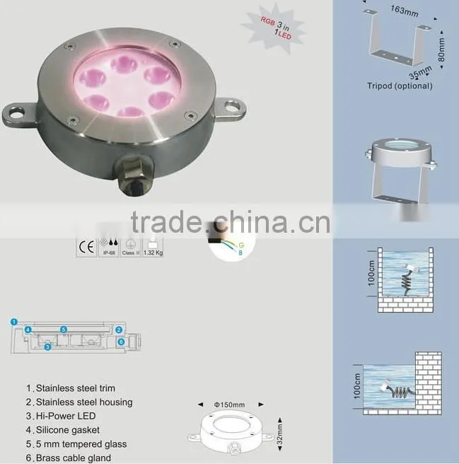 RGB underwater light, DC24V Edison LED 152*89mm IP68 With stents 7*1W LED Underwater Light