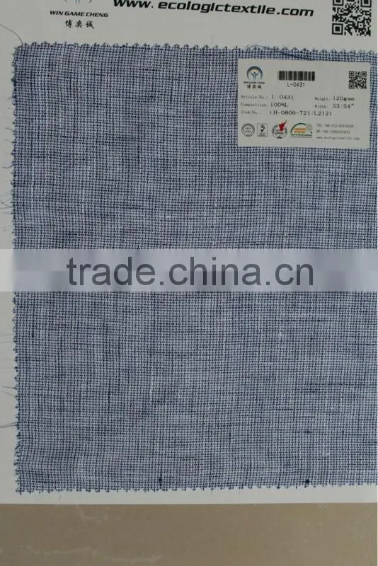 Hot Sale Blue Checks 100% Pure Linen Fabric 21*21 120gsm