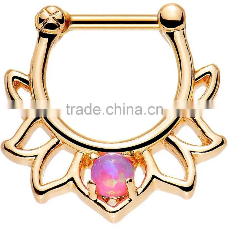 Pink Faux Opal Gold Anodized Lotus Septum Clicker