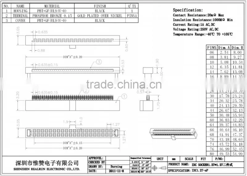 China factory 1.27*2.54mm pitch IDC Socket Connector