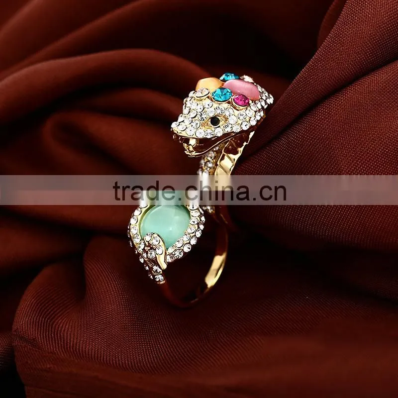 2016 alloy gemstone gold snake double ring