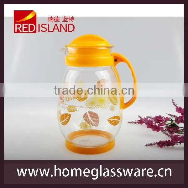 decal glass water pot with plastic handle&lip