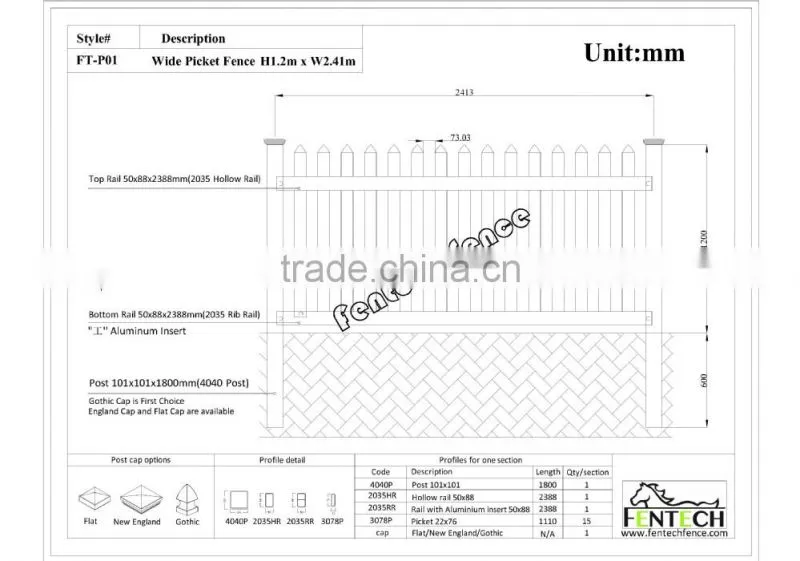 New Design High Quality Plastic/PVC/Vinyl/Wpc Picket Fence