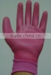 PU glove .13G red nylon liner with red pink pu coated gloves