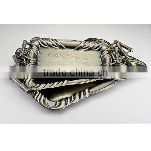 3PCS Metal Handle Bronze Color Stalinless Steel Serving Tray