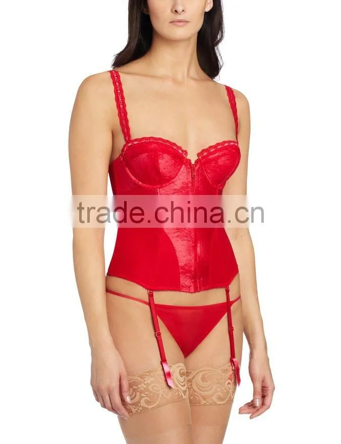 Keepable Open Bust Front Zip Corset With Boning And G-String Lingerie Set
