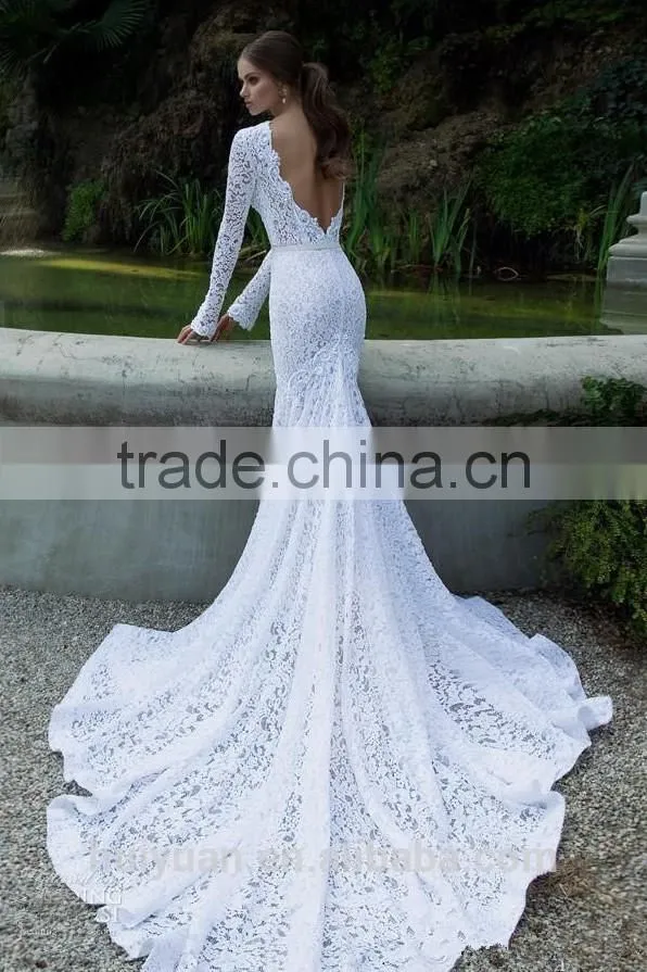 open back long sleeve backless mermaid long tail wedding dress