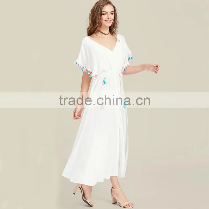 Designer tassel trim boho dress, women white deep V-neck maxi dress