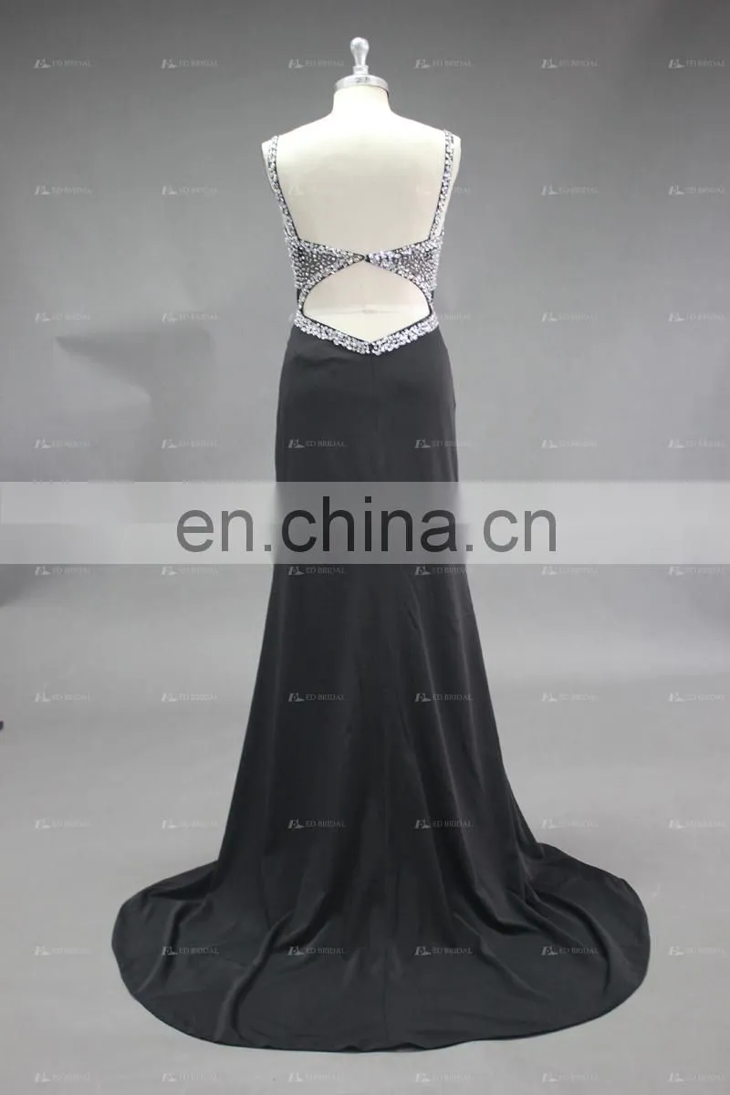 Real Pictures Beaded See Through Top Sheath Long Black Evening Dress