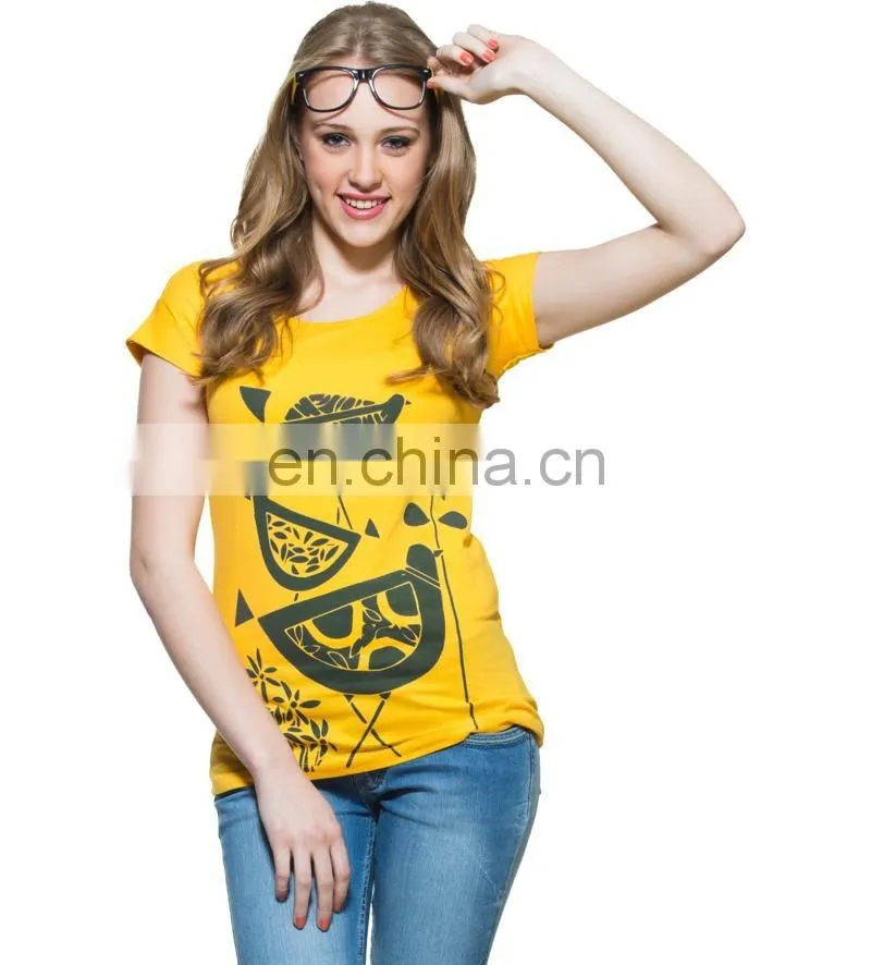 2015 New arrival wholesale garments customize made women top yellow elegant print fashionable hot t-shirt for girls