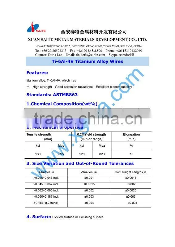 best quality Ti-6Al-4V titanium alloy wire